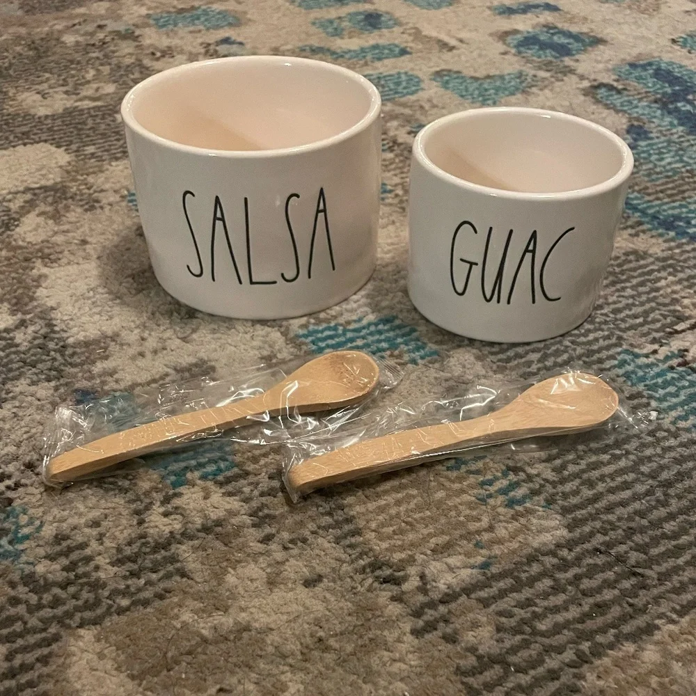 Rae Dunn Salsa and Guac Ceramic Serving Bowl Set with 2 Bamboo Spoons